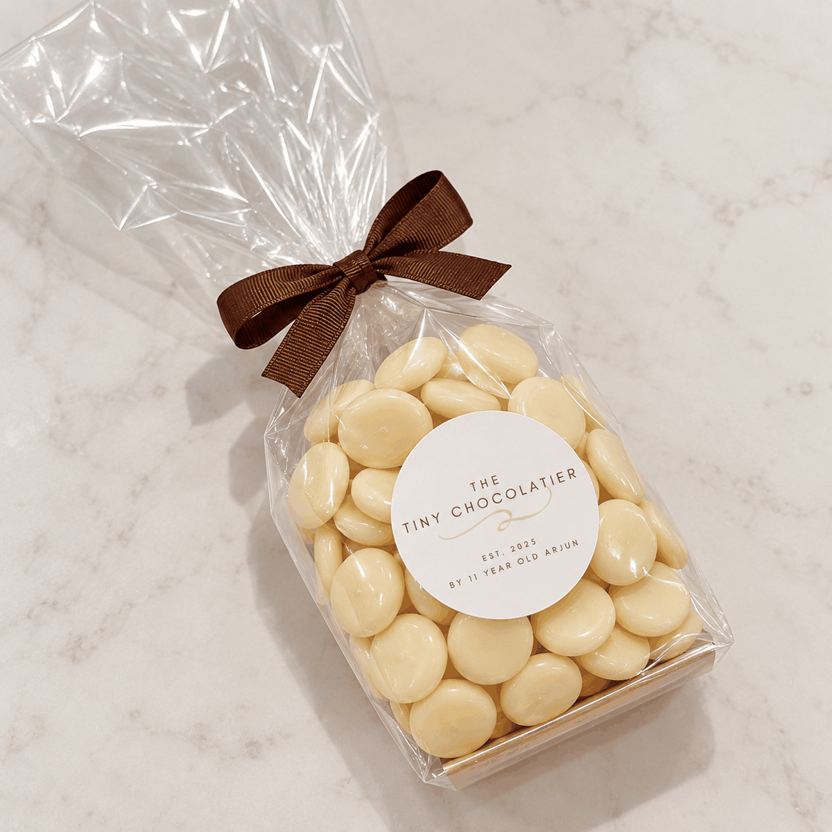 Bag of handmade white chocolate buttons