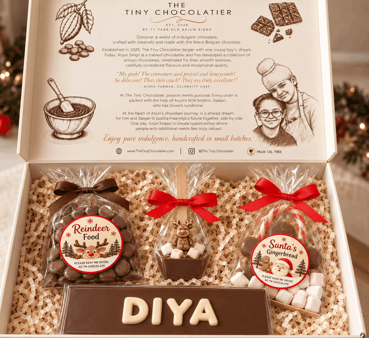 Personalised Christmas Eve chocolate box with named bar, gingerbread and hot chocolate stirrer