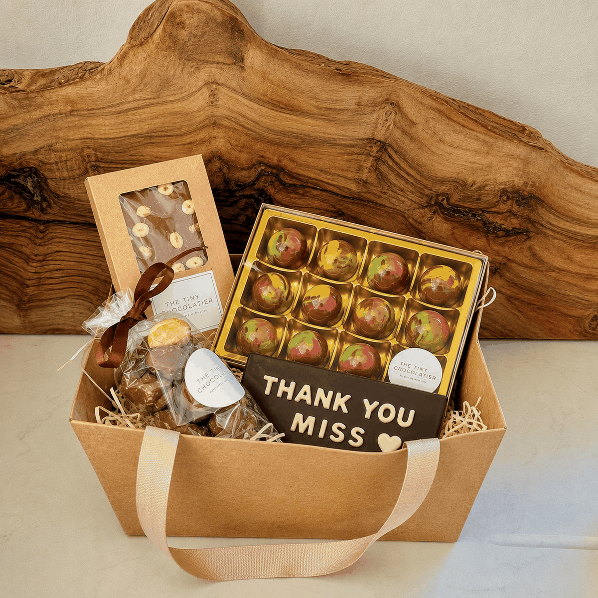 Teacher's thank you chocolate hamper with personalised bar, truffles and honeycomb bites