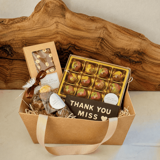 Teacher's thank you chocolate hamper with personalised bar, truffles and honeycomb bites